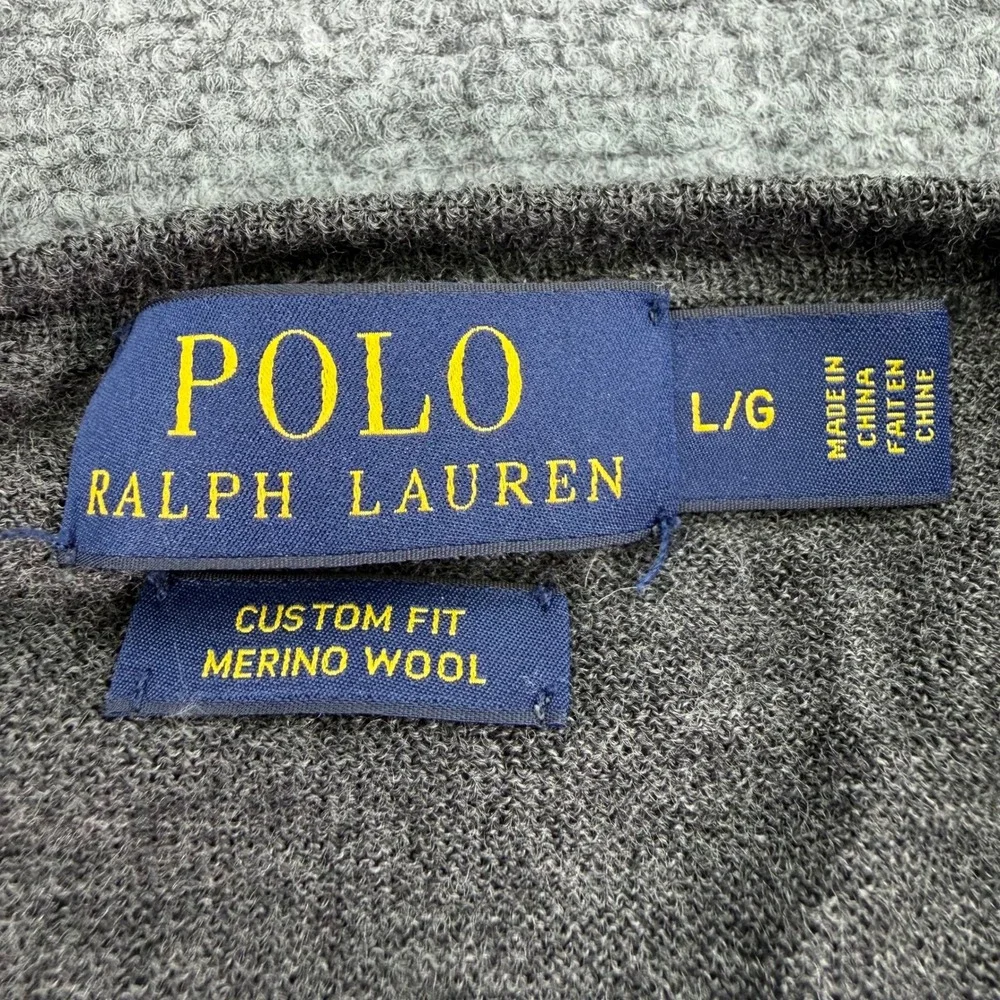 Polo Ralph Lauren Sweater Mens Large Charcoal 100% Merino Wool V Neck Custom Fit
